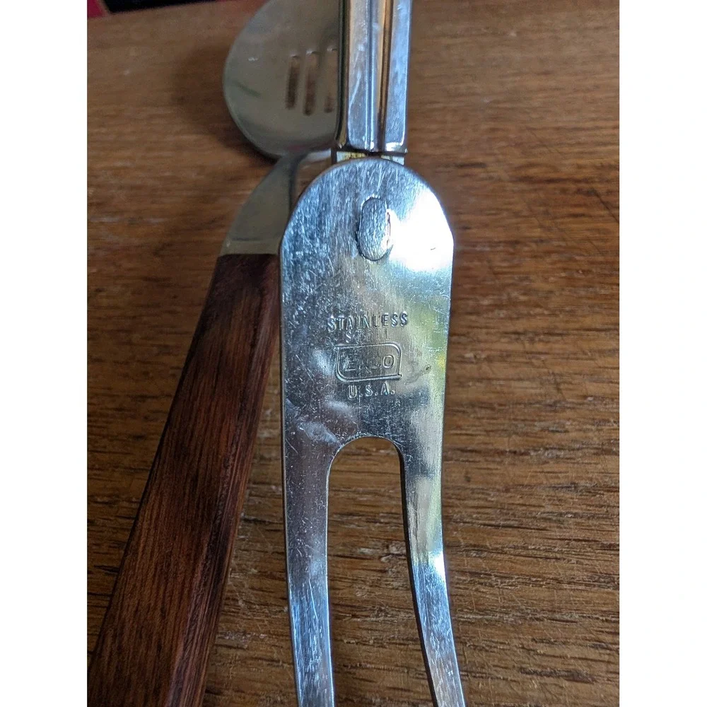 Vintage 1960s EKCO Flint Stainless Slotted Serving Spoon and Meat Fork Set MCM